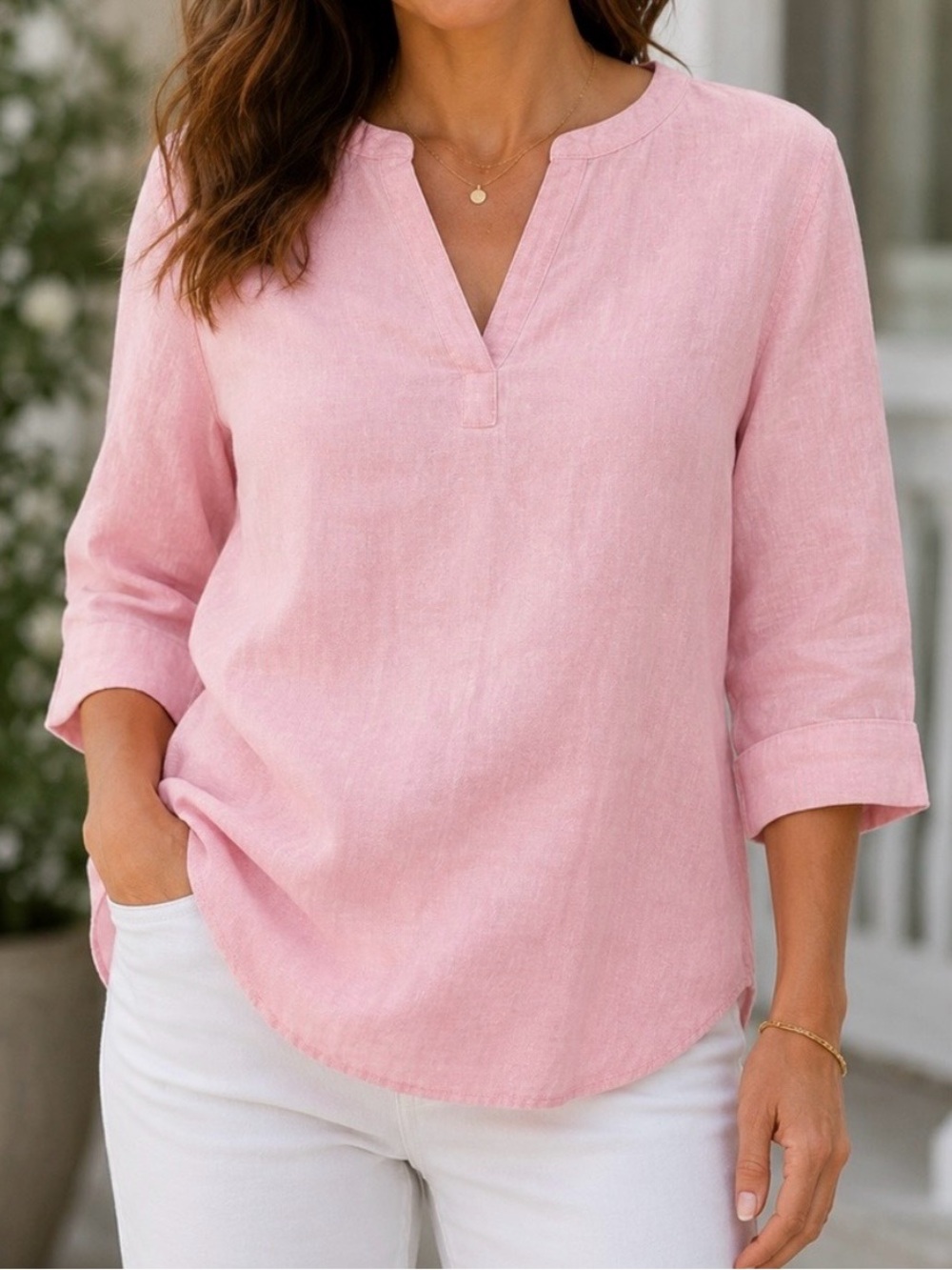 LL Bean Light Pink Premium Flax Linen Split Neck Tunic Too Shirt Blouse XS